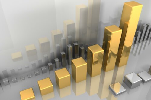 Simulación en 3D con lingotes dorados y plateados en hilera representando un gráfico de barras